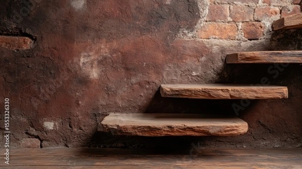 Fototapeta This image depicts rustic wooden stairs, exuding a sense of mystery and adventure. Their weathered charm draws the viewer's eye, inviting exploration of unknown spaces.