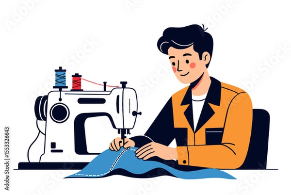 Obraz Illustration of a Man Sewing Blue Fabric with a Sewing Machine, Demonstrating Tailoring and Craftsmanship