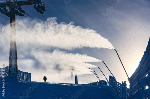 Fototapeta A man is walking on a snowy slope. The snow is falling and the sky is cloudy. There are several ski lifts in the background