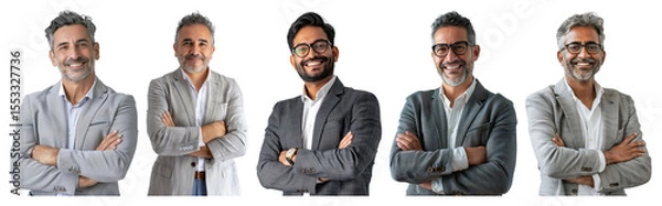 Fototapeta PNG Five men in suits, smiling, arms crossed, diverse backgrounds photo transparent background.
