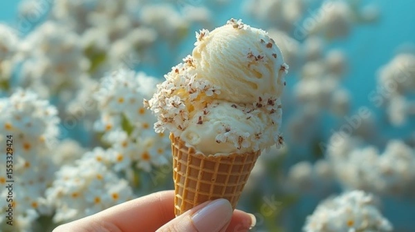 Fototapeta Delicate ice cream cone with floral decorum held against soft floral backdrop summer themed aesthetic