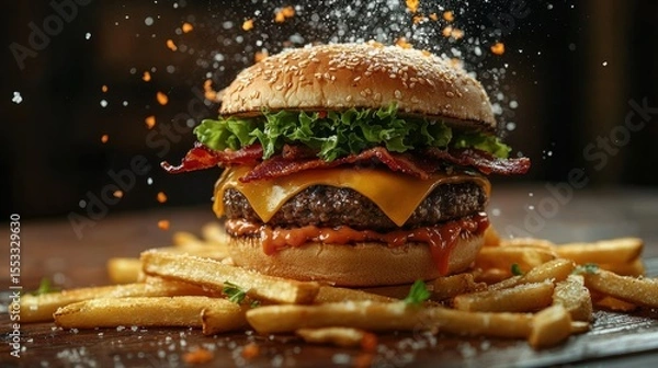 Fototapeta Appetizing Double Cheeseburger with Bacon and Fresh Lettuce, Enhanced by Golden French Fries