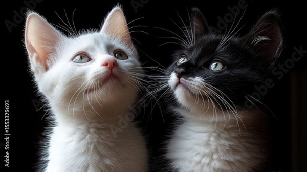 Fototapeta Charming portrait of two adorable kittens a white feline and a black pet gazing with curiousity and innocence against a dark background