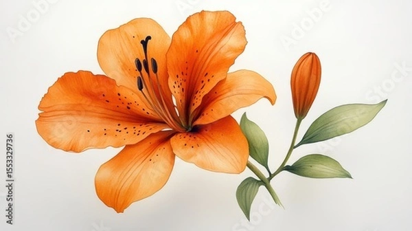 Fototapeta Watercolor Orange Lily with Bud and Green Leaves on Light Background Elegant Botanical Art Isolated Flower Fine Art