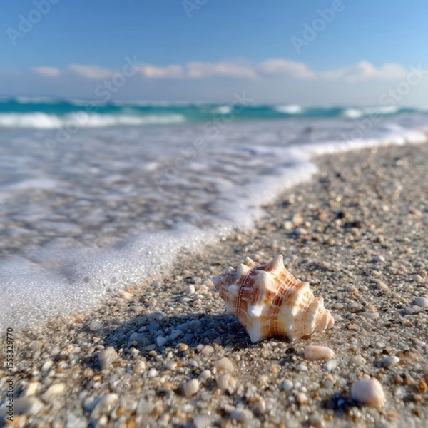 Fototapeta Seashell on Beach Shoreline with Rolling Wave Tranquil Coastline Summer Season Under Clear Blue Sky