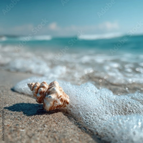 Fototapeta Seashell on Beach Sands at Waters Edge with Ocean Waves in Background on a Sunny Day