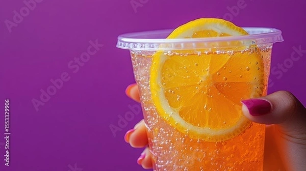 Fototapeta Refreshing lemon drink in hand against vivid purple backdrop capturing a youthful summer vibe
