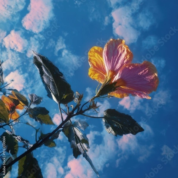 Fototapeta Captivating hibiscus blossom against a vast blue sky creating a serene natural setting and a sense of calm