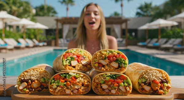Fototapeta mouth-watering arrangement of burritos, each overflowing with juicy chicken, crisp vegetables, fluffy rice,  beautifully presented on a decorative platter or wooden board