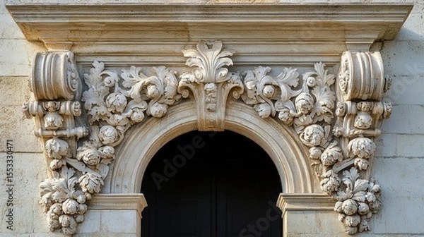 Fototapeta Architectural Detail Close Up of Stone Carved Archway Elegant Design Building Exterior Classic European Style
