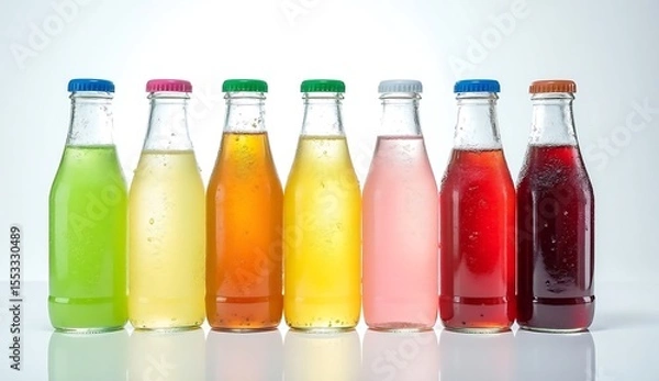 Fototapeta Seven glass bottles filled with colorful beverages in a row drink