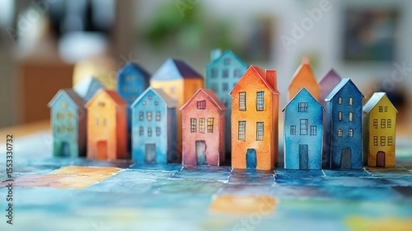 Fototapeta Charming Miniature Watercolor Houses Arranged on Creative Map Creating a Quaint and Dreamy Scene