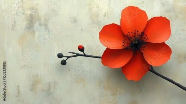 Fototapeta Vibrant red flower on textured beige background artistic botanical presentation botanical art elegant style