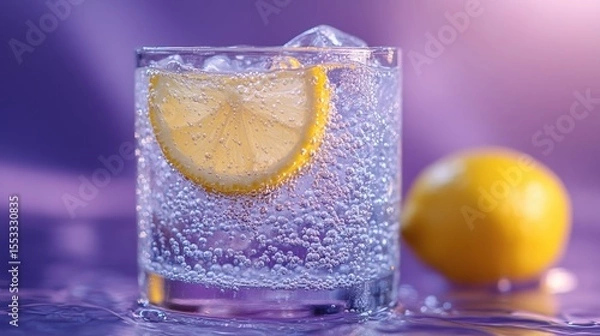 Fototapeta Lemon infused tonic with ice cubes in clear glass a refreshing drink vibrant summer aesthetic