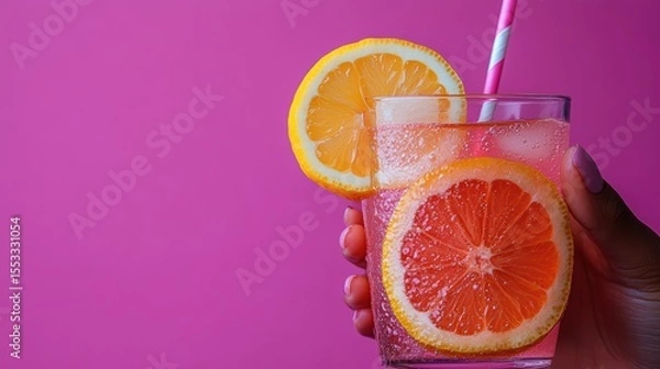 Fototapeta Refreshing citrus drink with grapefruit and orange slices on bright pink background creates a cheerful mood