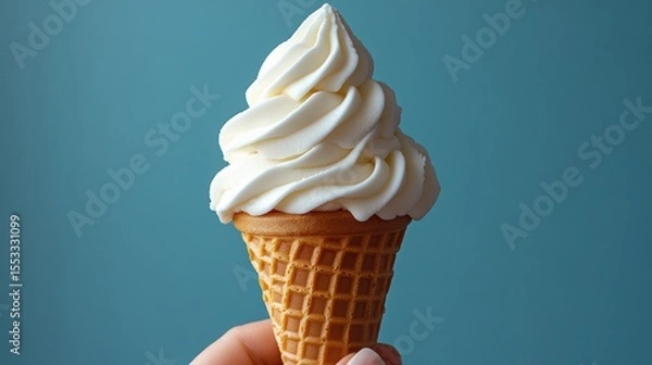 Fototapeta Creamy soft serve delight a cone of vanilla sweetness held delicately against calming blue backdrop