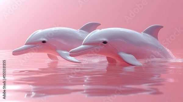 Fototapeta Two Whimsical Pink Dolphins Gracefully Swimming in a Serene Water a Calming and Visually Enchanting Marine Scene Aquatic Underwater World