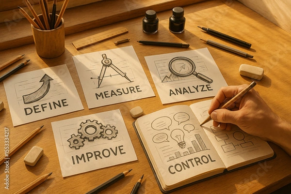 Obraz Hand-drawn sketches illustrating Six Sigma DMAIC process with icons for Define, Measure, Analyze, Improve, and Control steps on wooden desk in warm artistic atmosphere