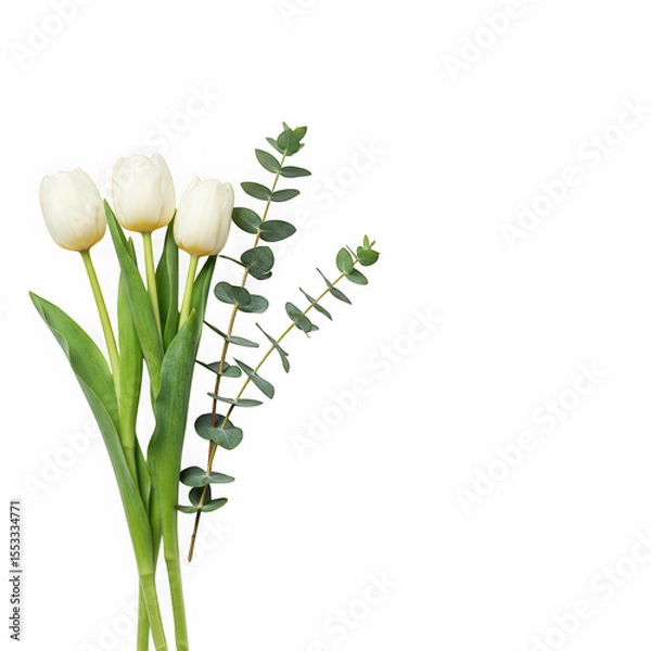 Fototapeta White tulips and eucalyptus bouquet isolated on transparent background