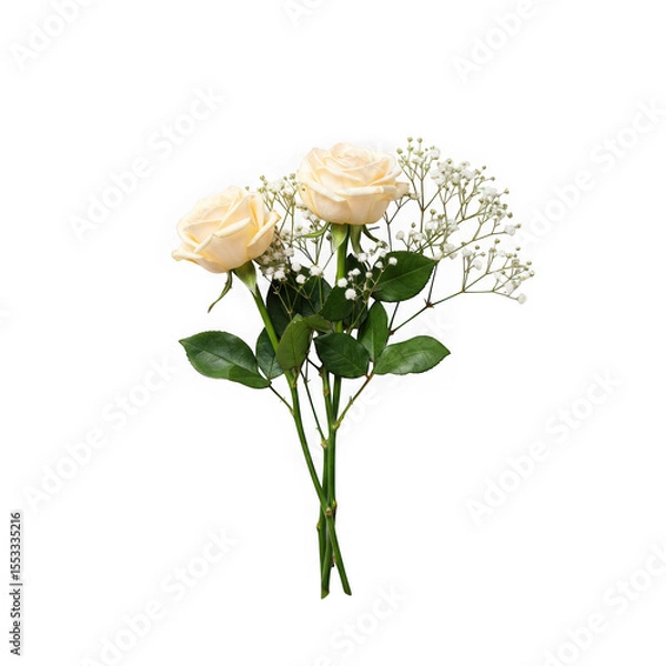 Fototapeta Cream roses and babys breath isolated on transparent background