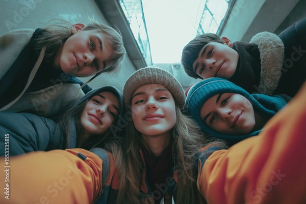 Fototapeta Group of five young friends taking a selfie from below, smiling, wearing winter clothing, inside a modern building with large windows.