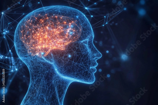 Fototapeta Digital illustration of a human head with a glowing, interconnected brain, representing artificial intelligence and neural networks.