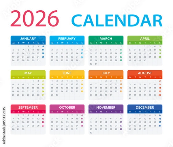 Fototapeta 2026 Calendar - vector illustration, Monday to Sunday