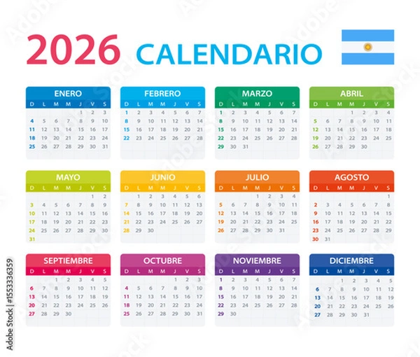 Fototapeta 2026 Calendar Argentinian - vector illustration, Argentinian version.