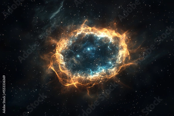 Fototapeta A vibrant, fiery nebula with a glowing blue core, surrounded by stars and cosmic dust in deep space.