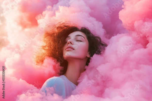 Fototapeta A woman with curly hair and closed eyes surrounded by pink and purple clouds, creating a dreamy, surreal atmosphere.
