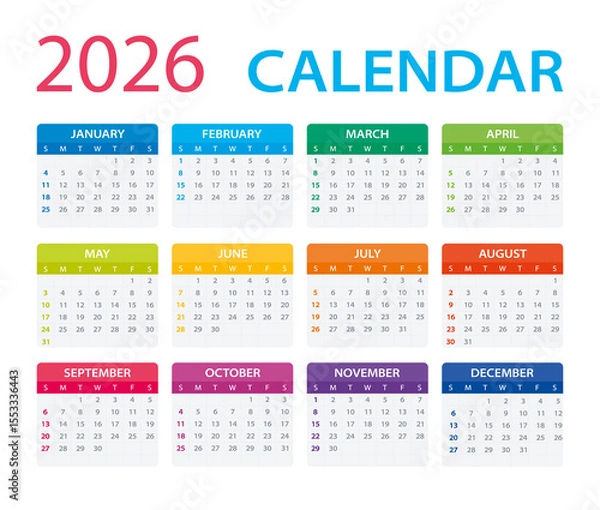 Fototapeta 2026 Calendar - vector illustration. Week starts on Sunday