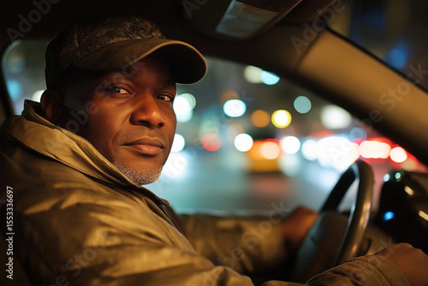 Fototapeta A man wearing a cap and jacket driving a car at night with city lights blurred in the background.
