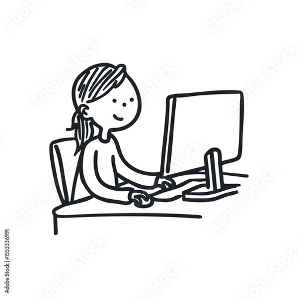 Fototapeta Doodle illustration of a woman working on computer on isolated white background