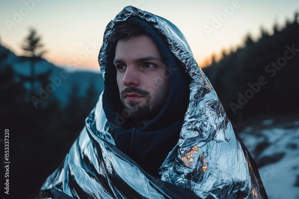 Fototapeta Man wrapped in a reflective emergency blanket outdoors during sunset, with a forested mountain background.