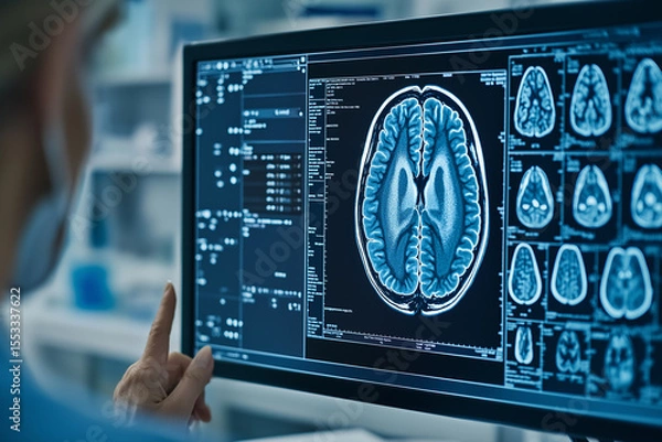 Fototapeta Medical professional examines brain scan images on a digital monitor, displaying detailed MRI scans of the brain in a clinical setting.