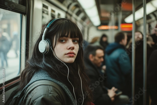 Fototapeta Young woman with dark hair and bangs wearing headphones, sitting on a crowded bus, looking out the window with a serious expression.