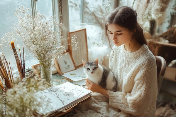 Fototapeta Young woman in cozy sweater sitting by window with a cat, surrounded by art supplies, flowers, and sketches in a warmly lit room.
