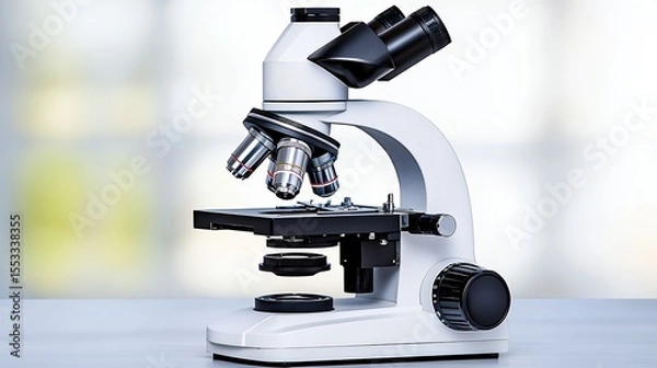 Fototapeta White Laboratory Microscope on Gray Surface Against Blurred Background