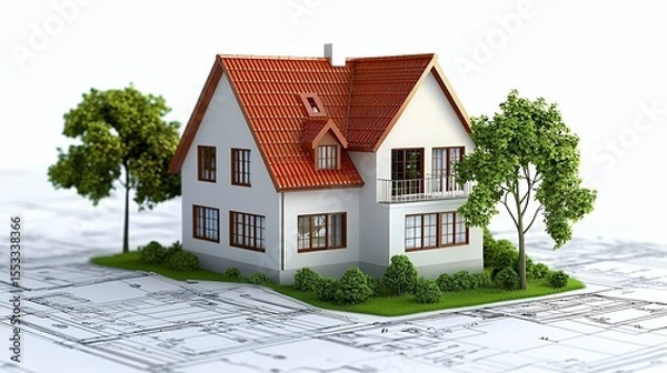 Fototapeta White House Model on Blueprint with Green Trees