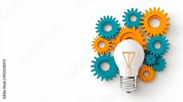 Fototapeta White Lightbulb and Interlocking Teal and Orange Gears on White Background