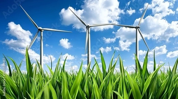 Fototapeta Wind Turbines in Green Field Under Blue Sky and Fluffy Clouds