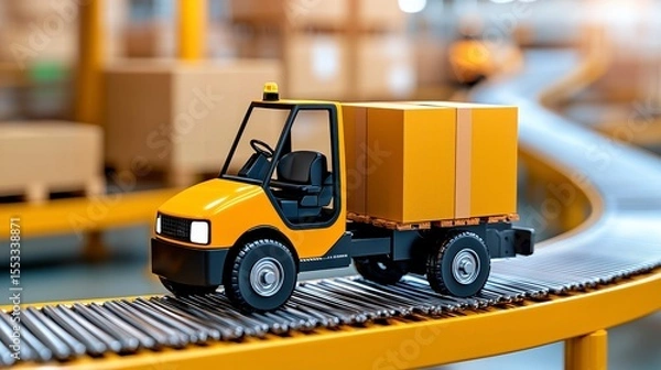 Fototapeta Yellow Automated Guided Vehicle Transporting Package on Conveyor Belt