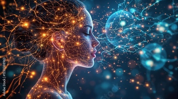 Fototapeta A dreamlike digital artwork portraying the intricate interplay of hormones, neurotransmitters, and emotional states within a woman’s body, visualized through radiant energy flows, neural networks