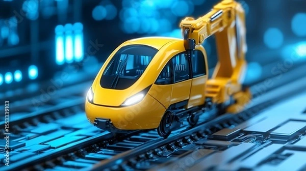 Fototapeta Yellow High Speed Train Model with Robotic Arm on Futuristic Blue Track