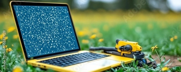 Fototapeta Yellow Laptop and Small Device in a Wildflower Field