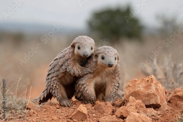 Fototapeta Two young pangolins standing together on red soil in natural habitat showing scales and curiosity