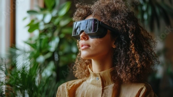 Obraz Woman with Curly Hair Wearing Smart Glasses in a Green Indoor Space