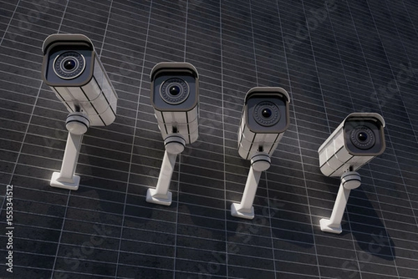 Obraz Four security cameras are mounted on a wall