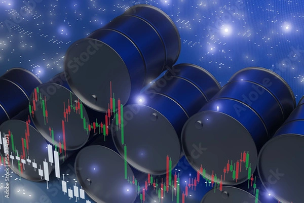 Obraz A stack of barrels with a graph of the stock market on top