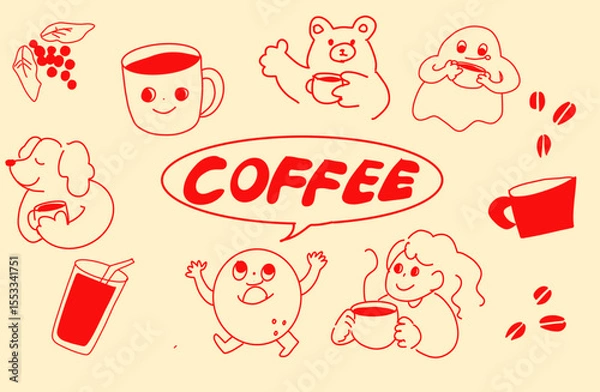 Obraz 【コーヒー素材セット】ゆるい手描きイラスト｜カフェ／ドリンク／キャラクター入り